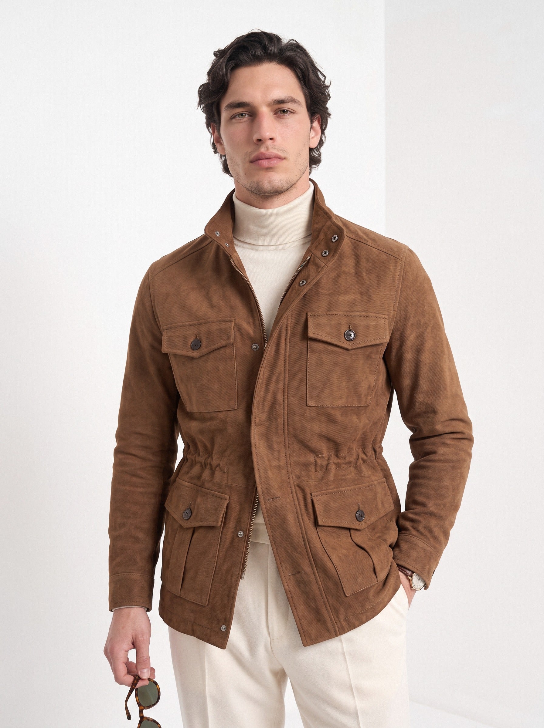 BLENIN men's brushed field jacket in tobacco, front portrait