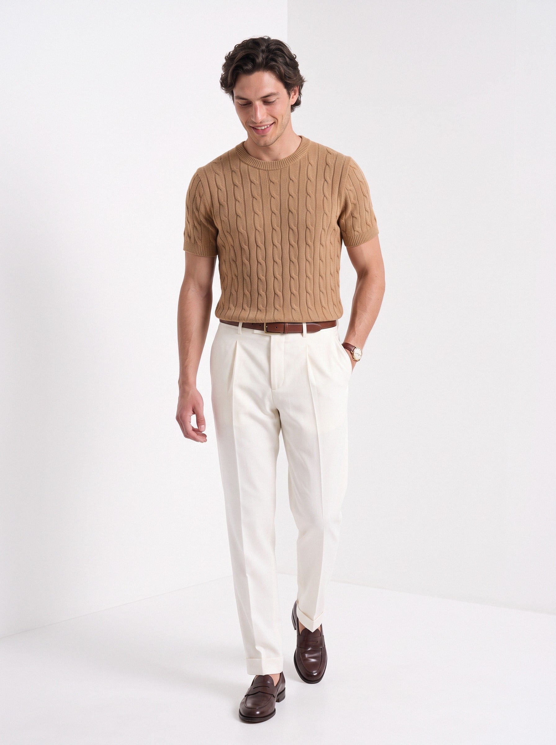 Men's cashmere cable knit T-shirt in camel, full-length