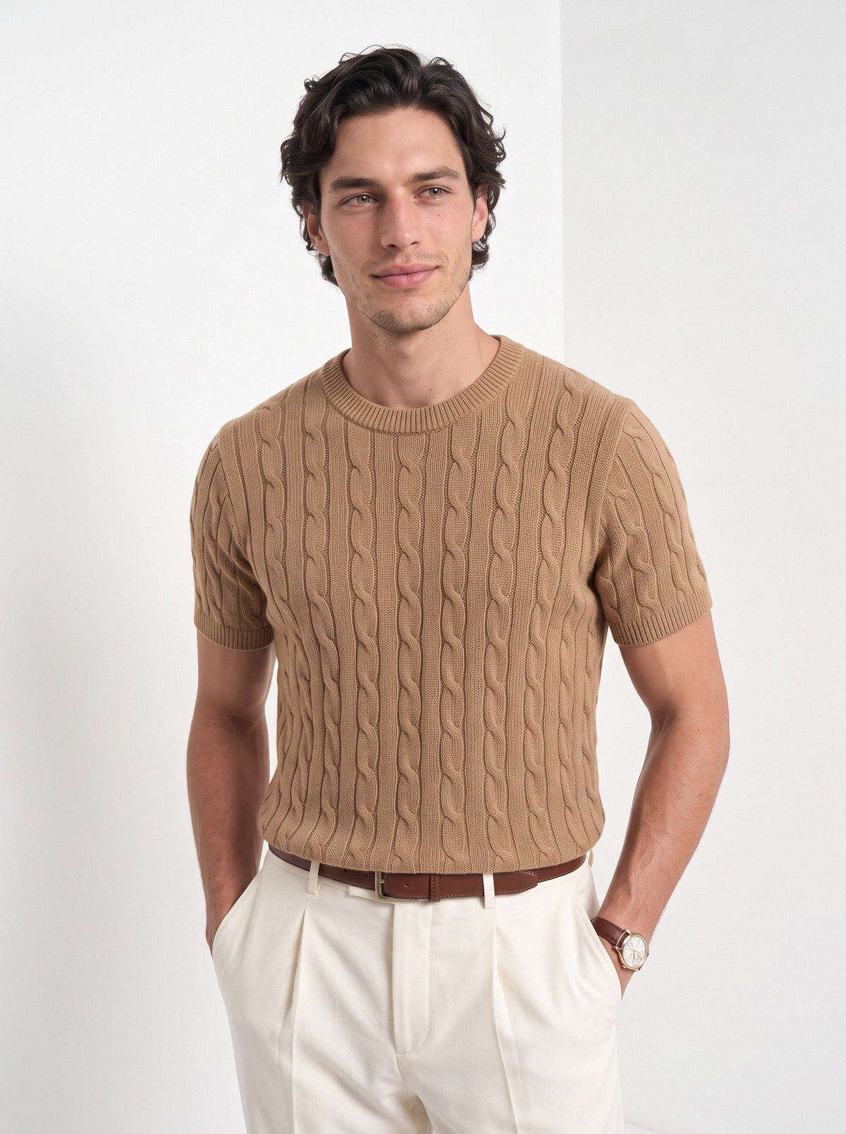 Men's cashmere cable knit T-shirt in camel, front portrait