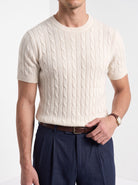 Men's cashmere cable knit T-shirt in cream, close-up detail