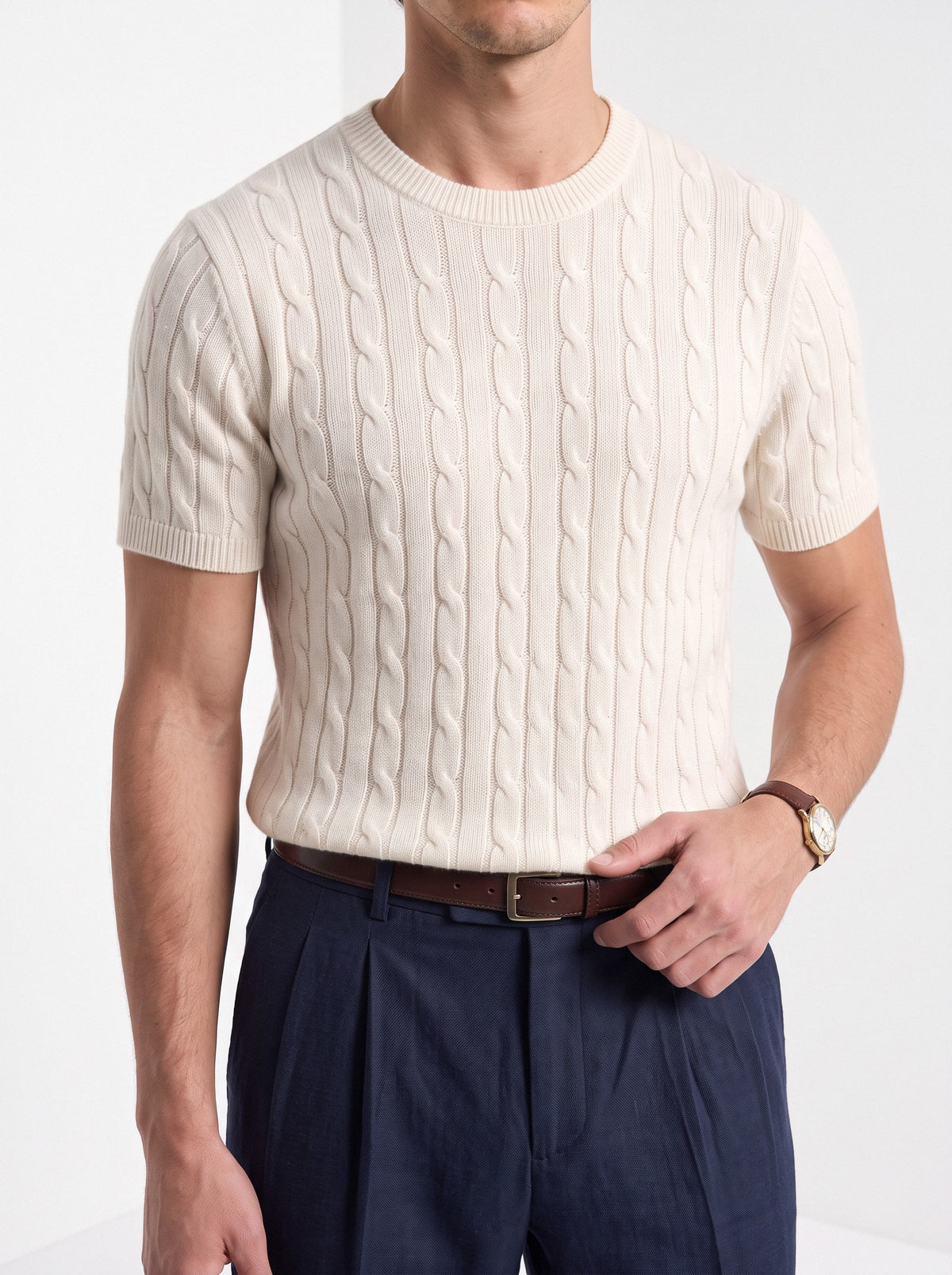 Men's cashmere cable knit T-shirt in cream, close-up detail