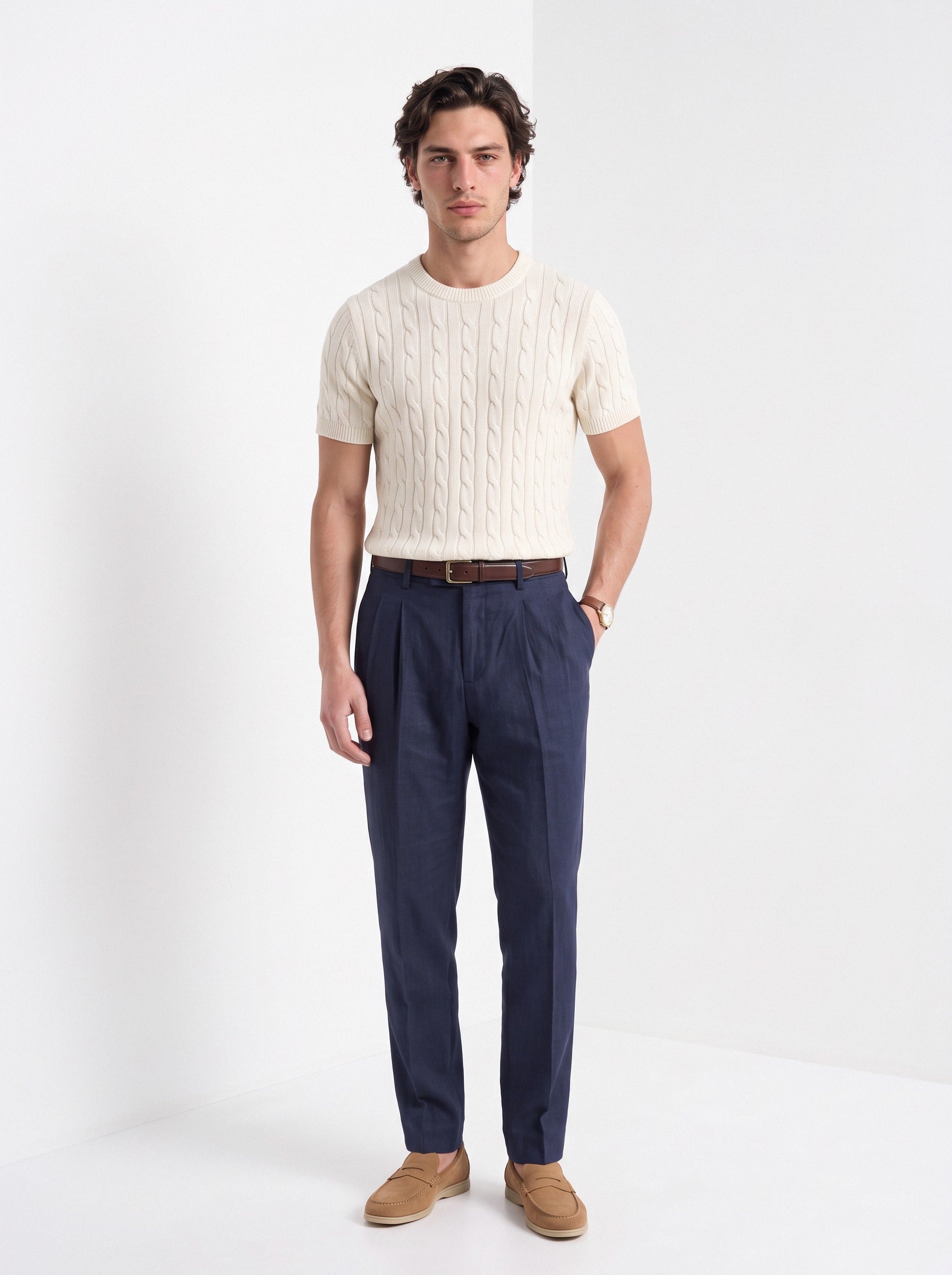 Men's cashmere cable knit T-shirt in cream, full-length