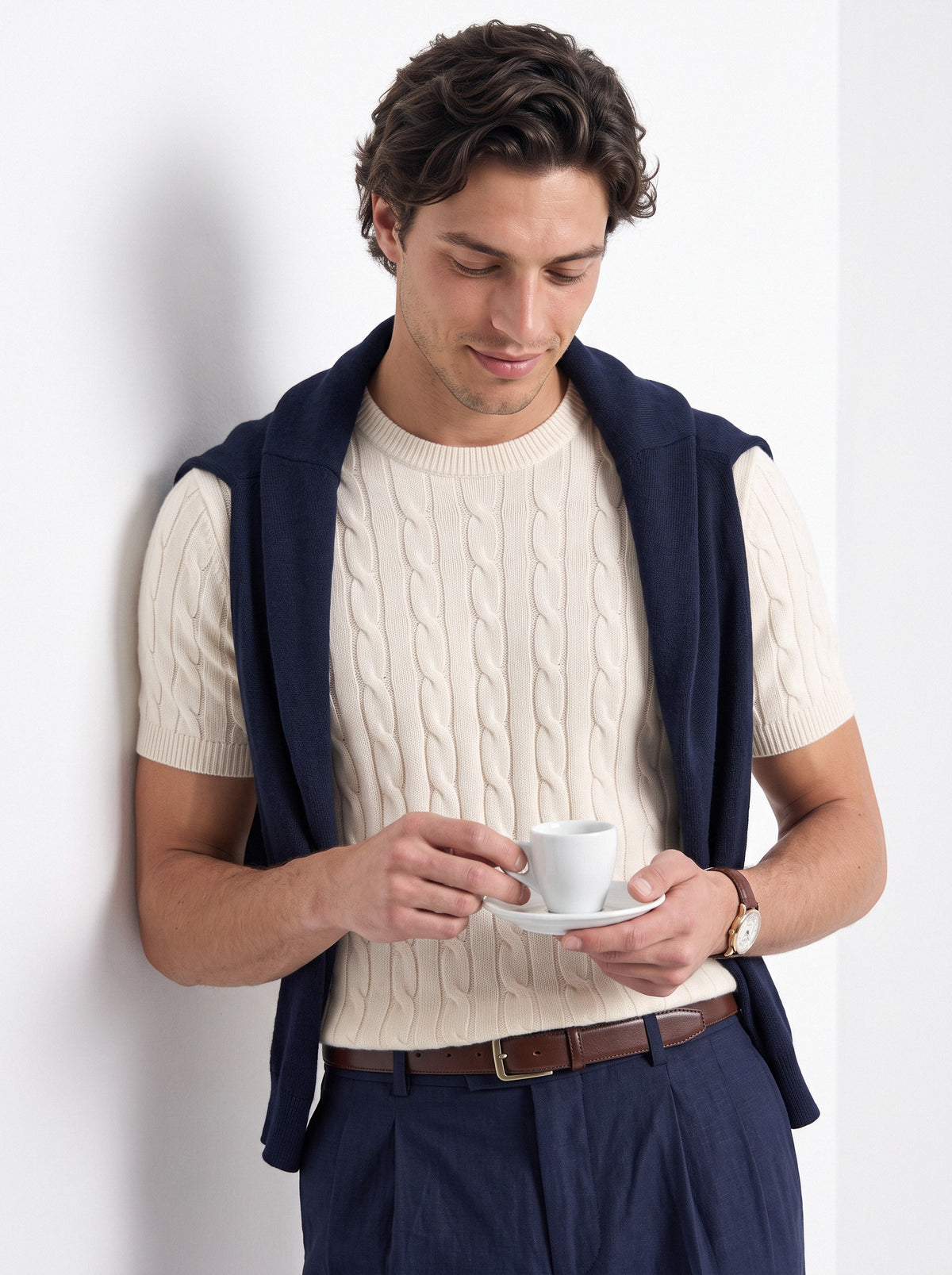 Men's cashmere cable knit T-shirt in cream, styled
