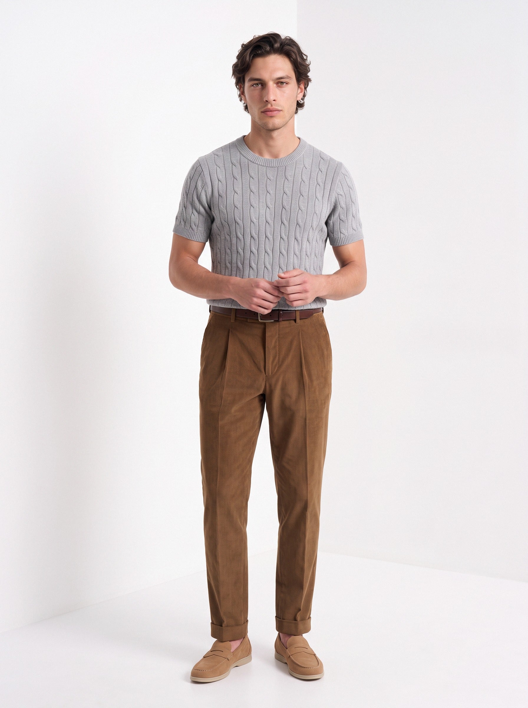 Men's cashmere cable knit T-shirt in grey, full-length
