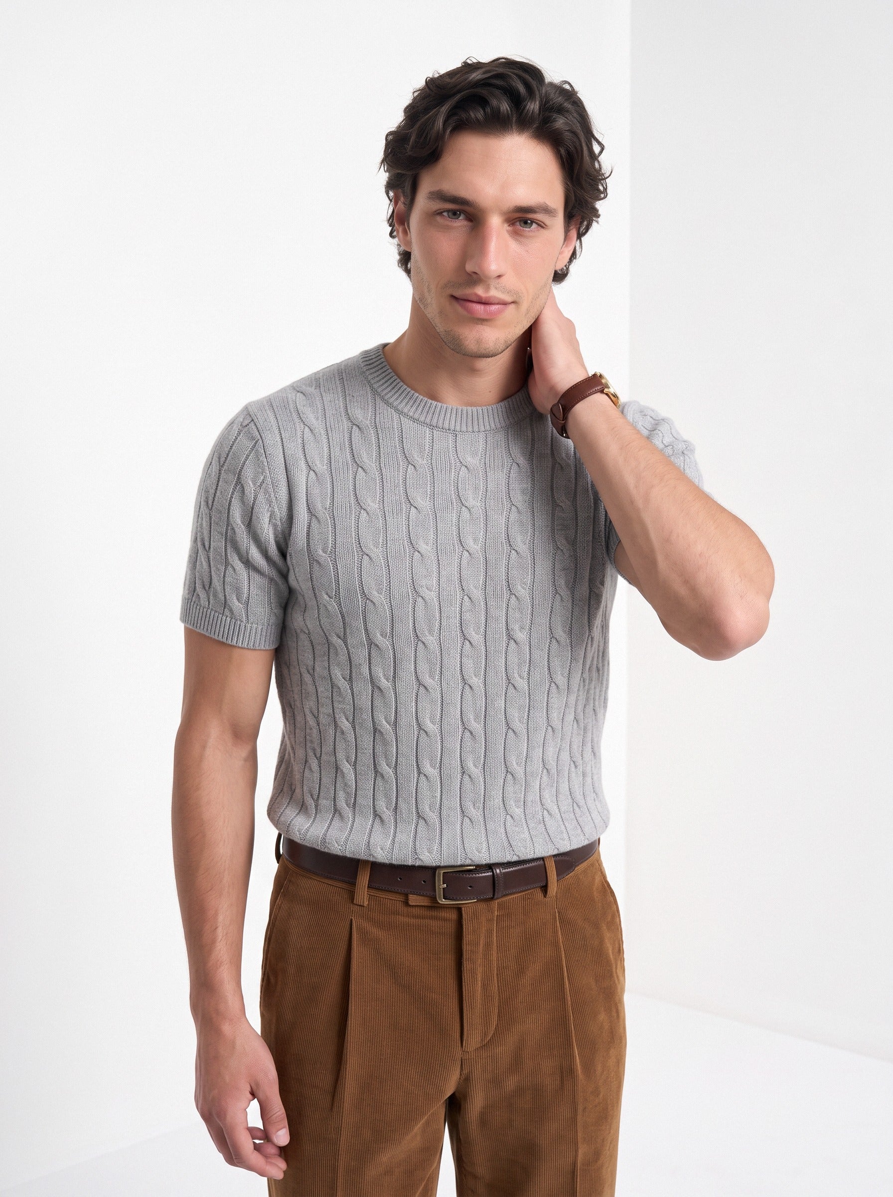 Men's cashmere cable knit T-shirt in grey, front portrait