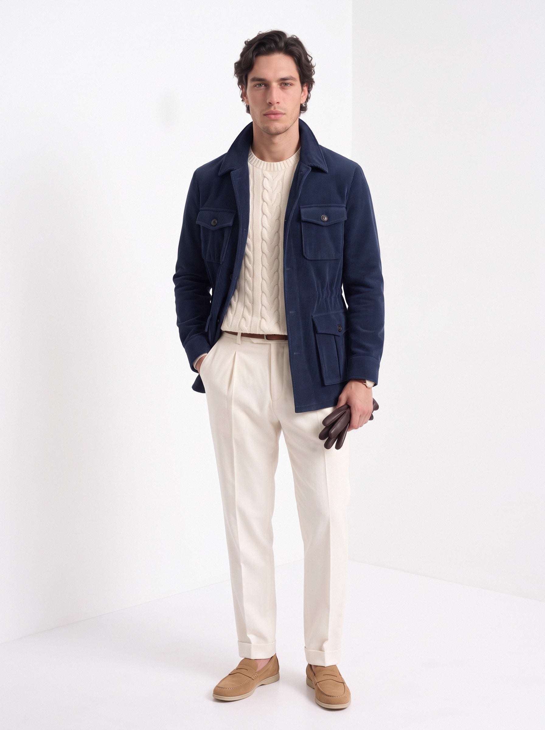 BLENIN men's corduroy field jacket in navy, full-length look