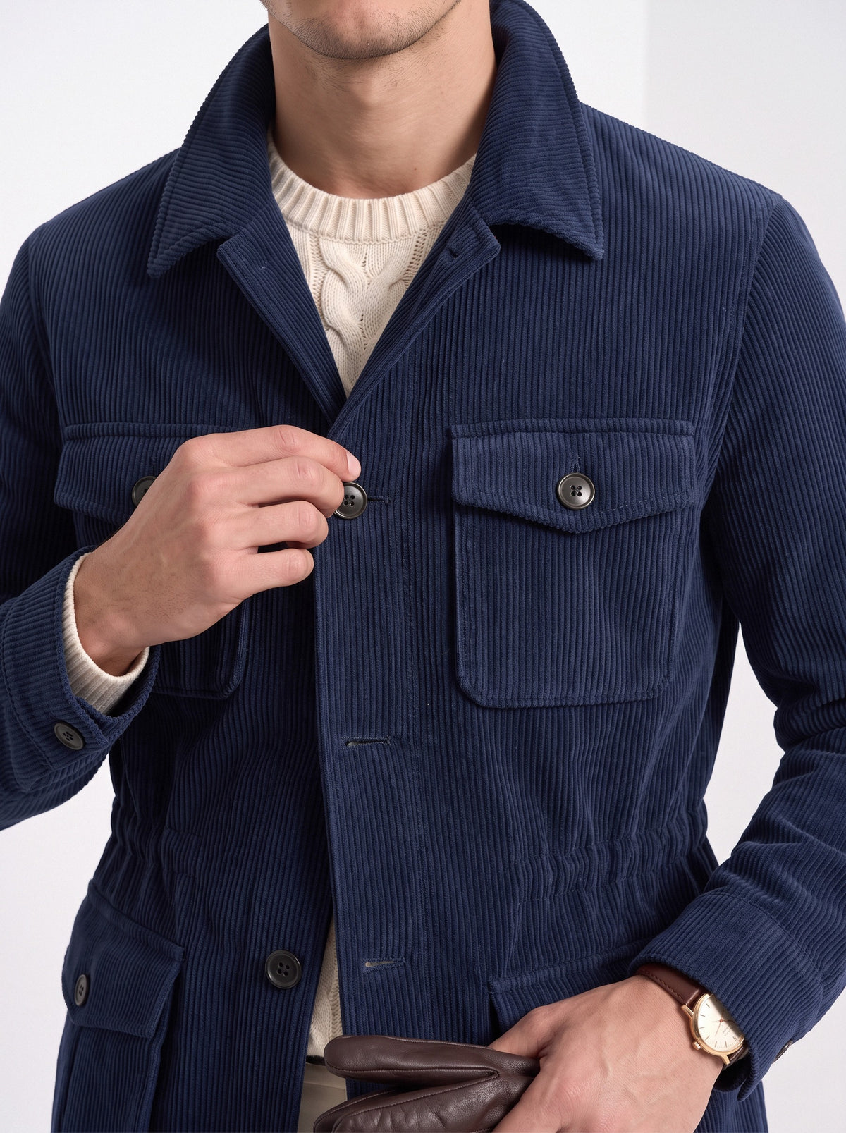BLENIN men's corduroy field jacket in navy, close-up of the details