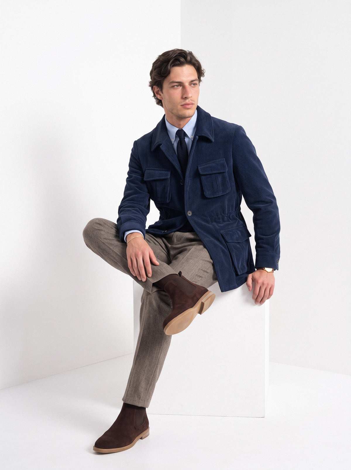 BLENIN men's corduroy field jacket in navy, seated, full outfit