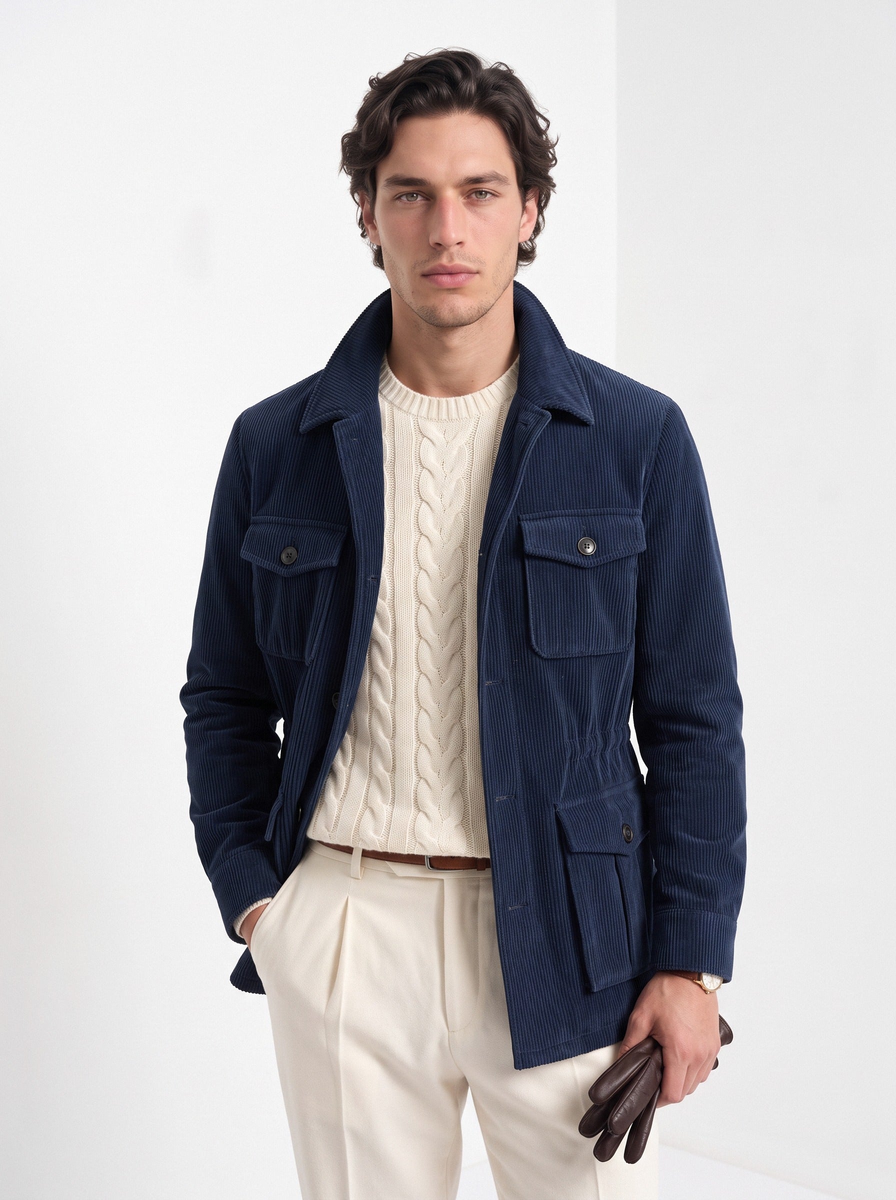 BLENIN men's corduroy field jacket in navy, front portrait