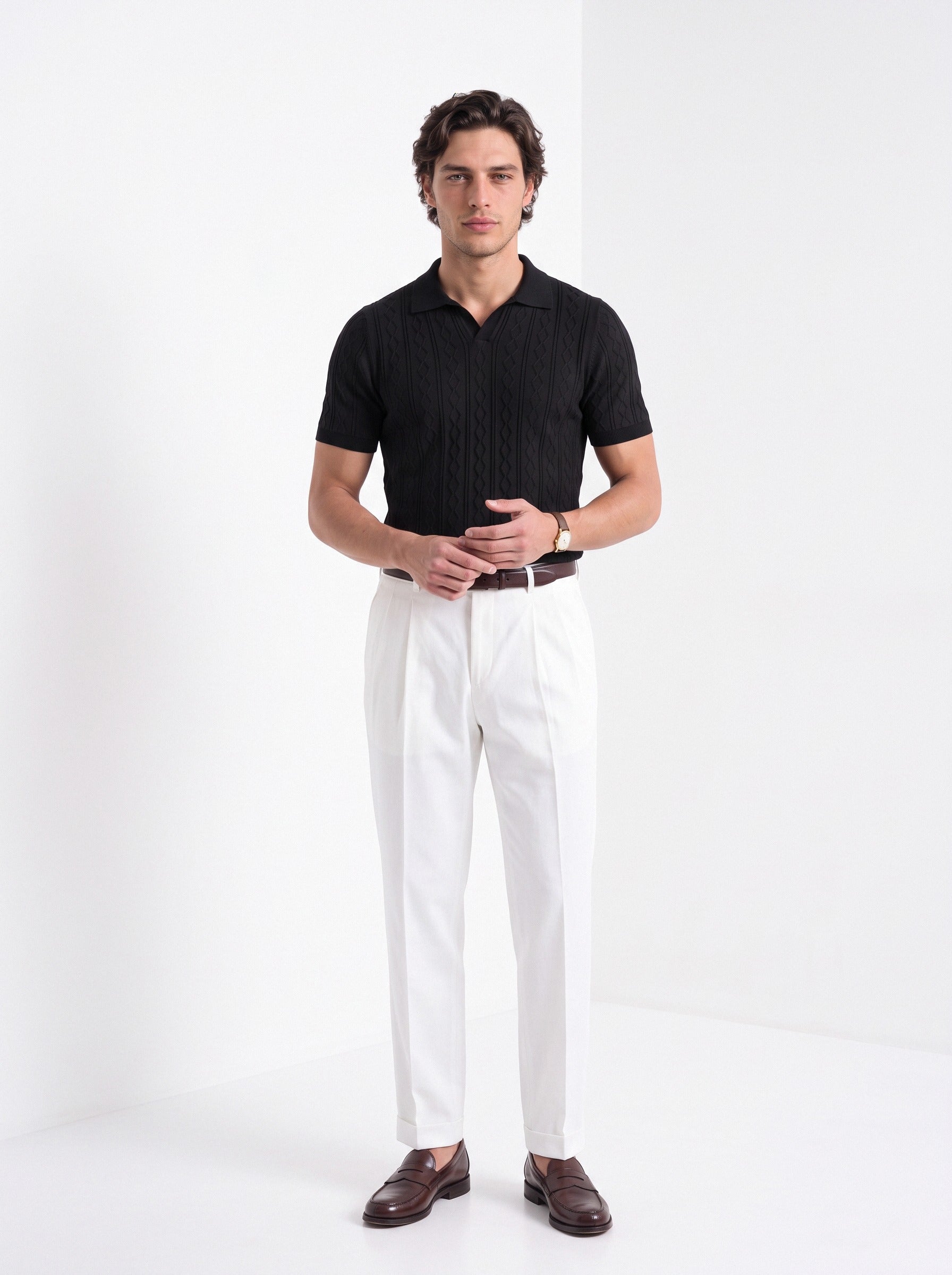 Men's diamond knit polo in black, full-length