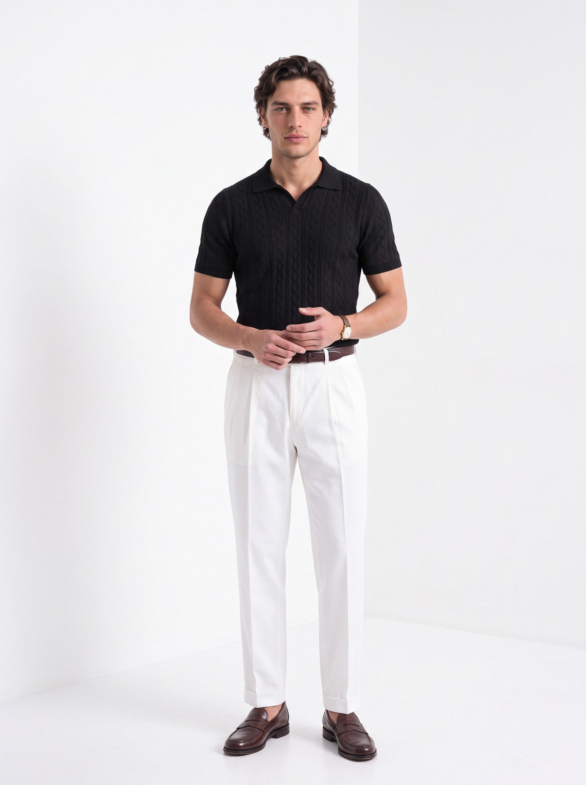 Men's diamond knit polo in black, full-length