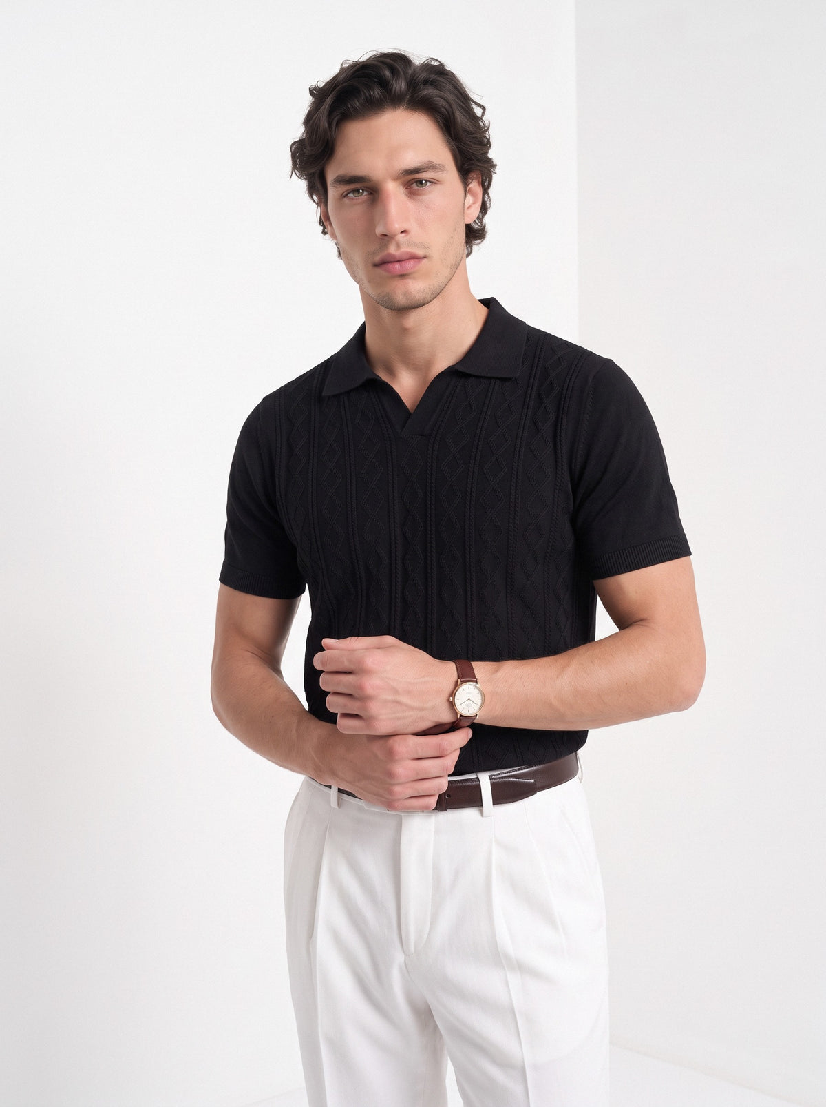 Men's diamond knit polo in black, front portrait