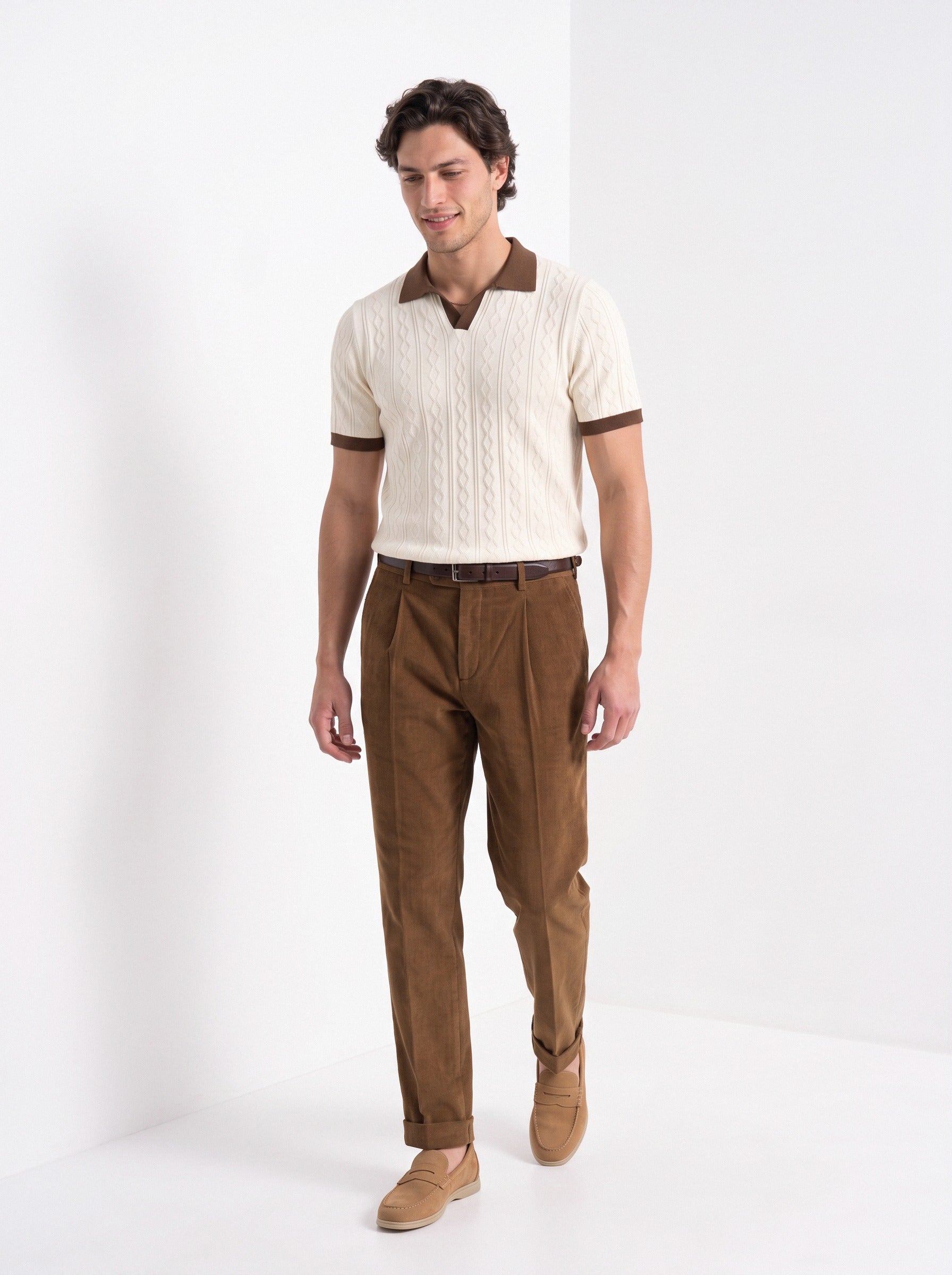 Men's diamond knit polo in cream and brown, full-length