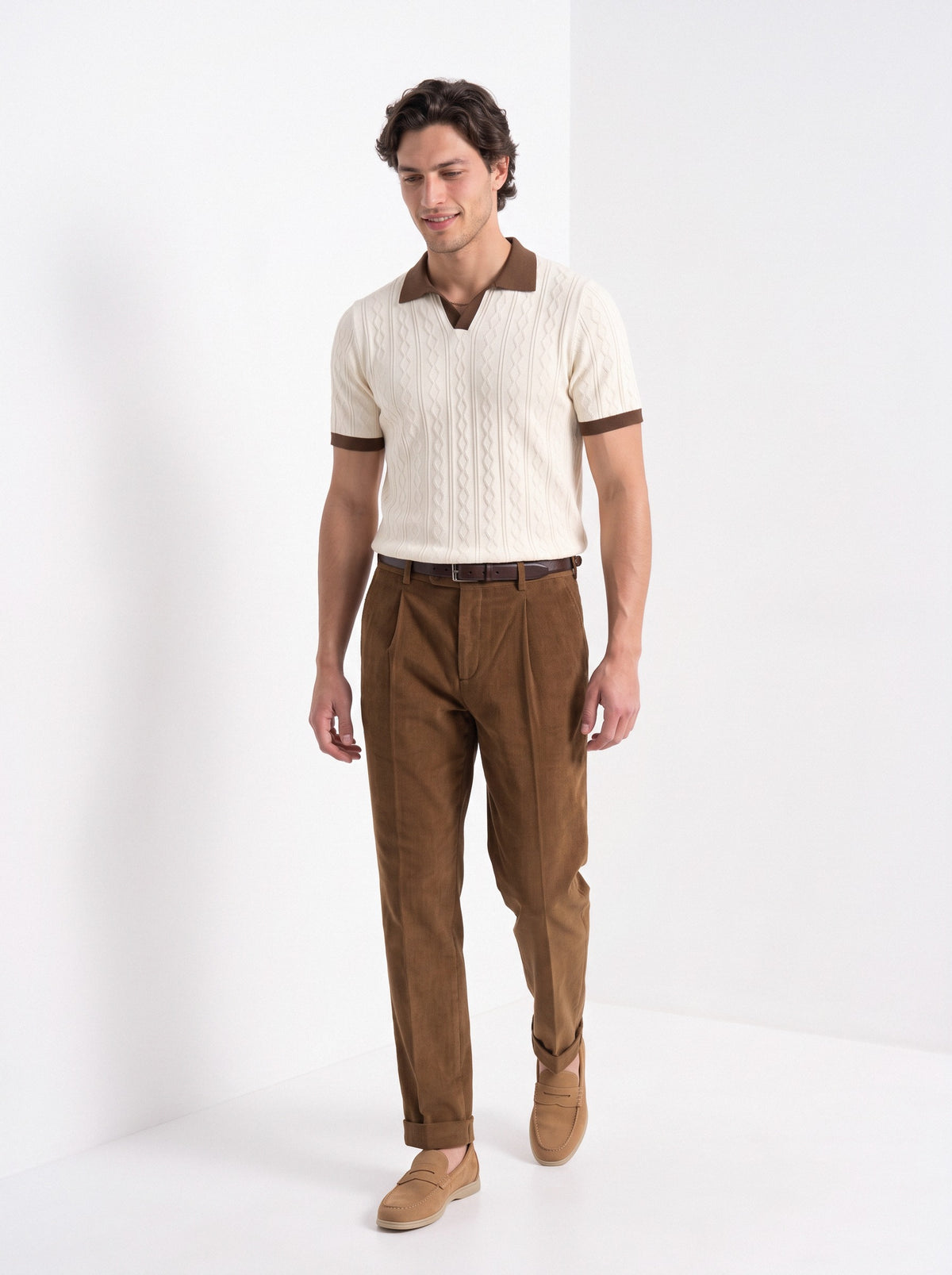 Men's diamond knit polo in cream and brown, full-length