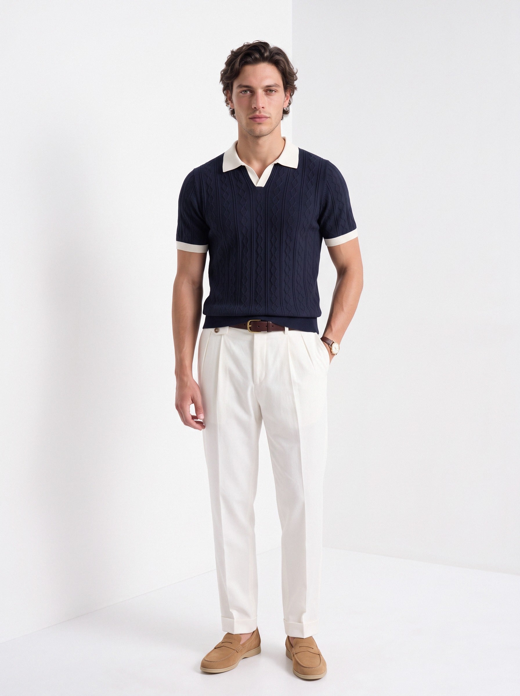 Men's diamond knit polo in navy and white, full-length