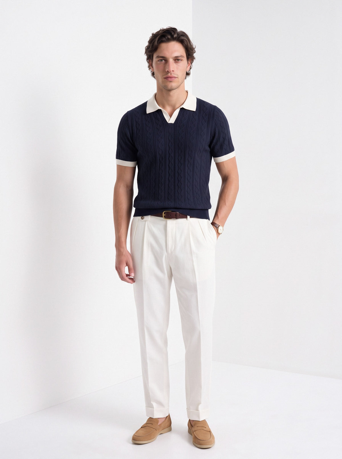 Men's diamond knit polo in navy and white, full-length