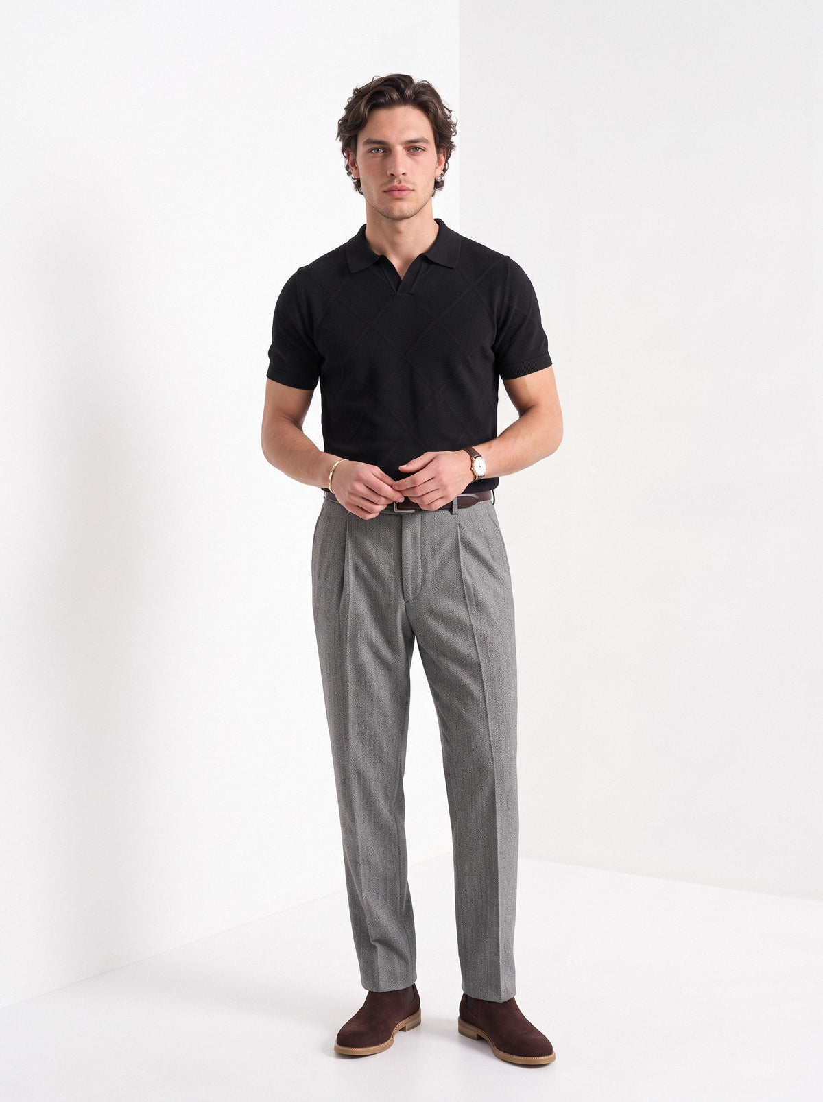 Men's cotton knitted polo shirt in black, full-length