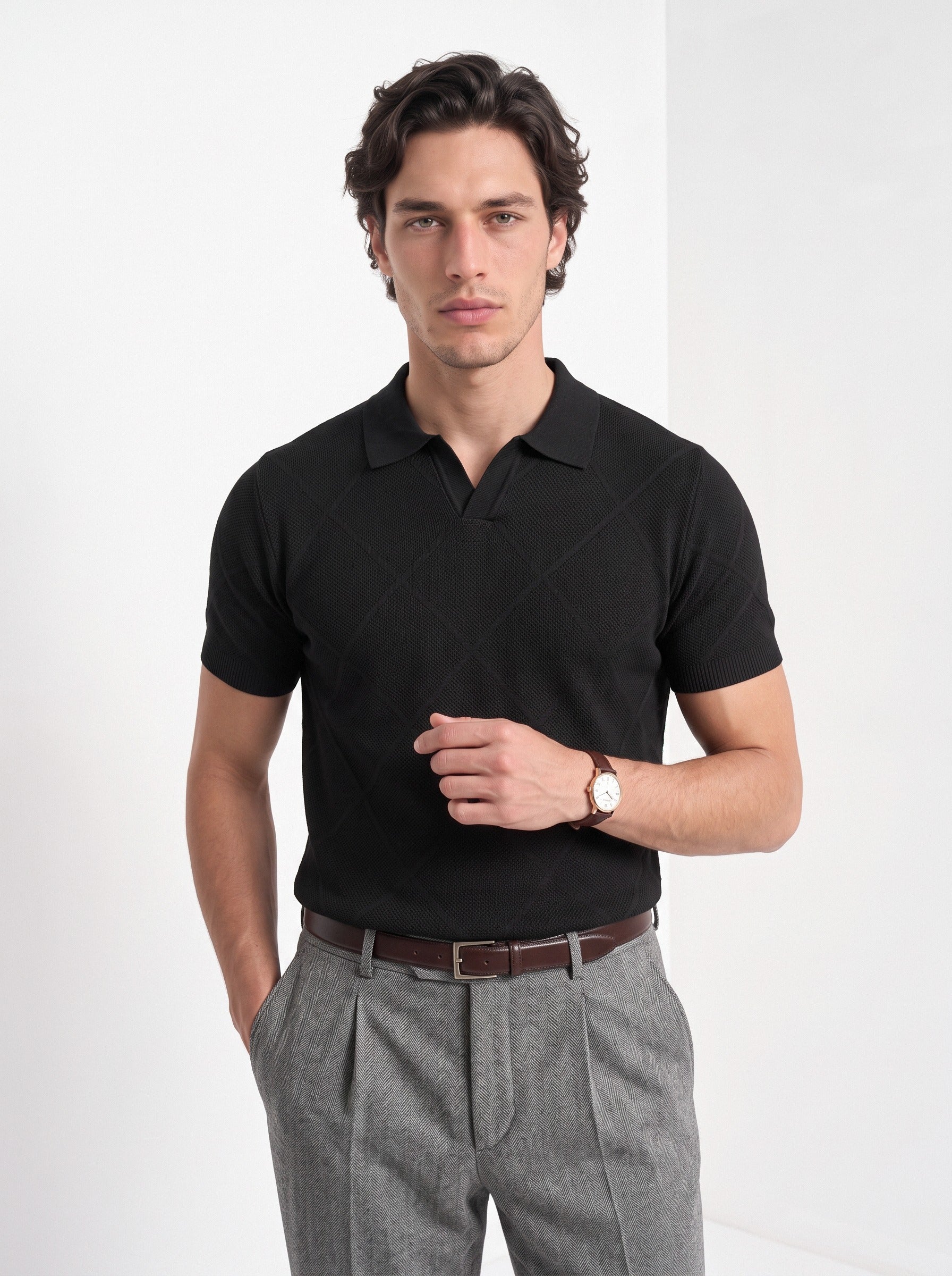 Men's cotton knitted polo shirt in black, front portrait