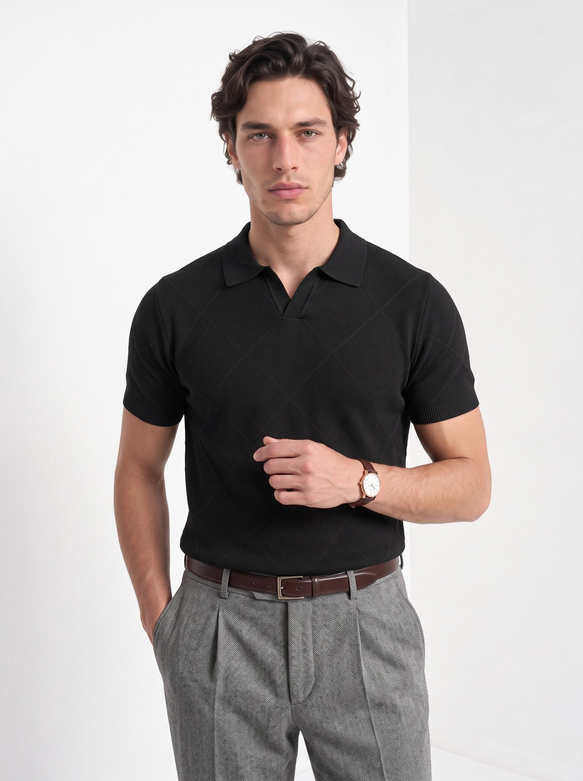 Men's cotton knitted polo shirt in black, front portrait
