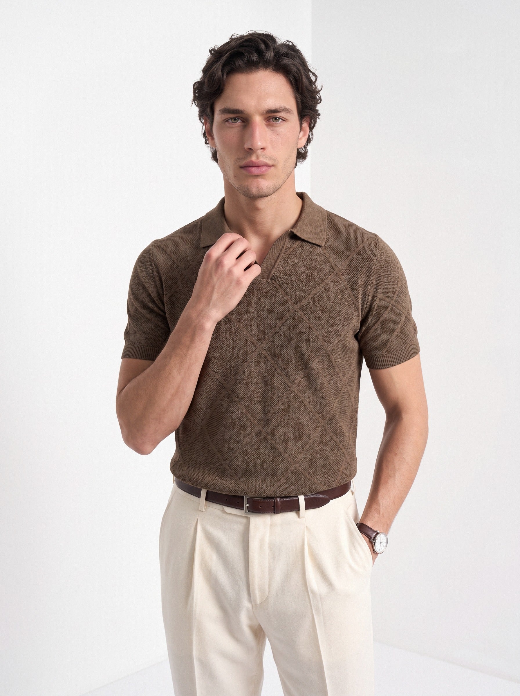 Men's cotton knitted polo shirt in brown, front portrait