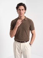 Men's cotton knitted polo shirt in brown, front portrait