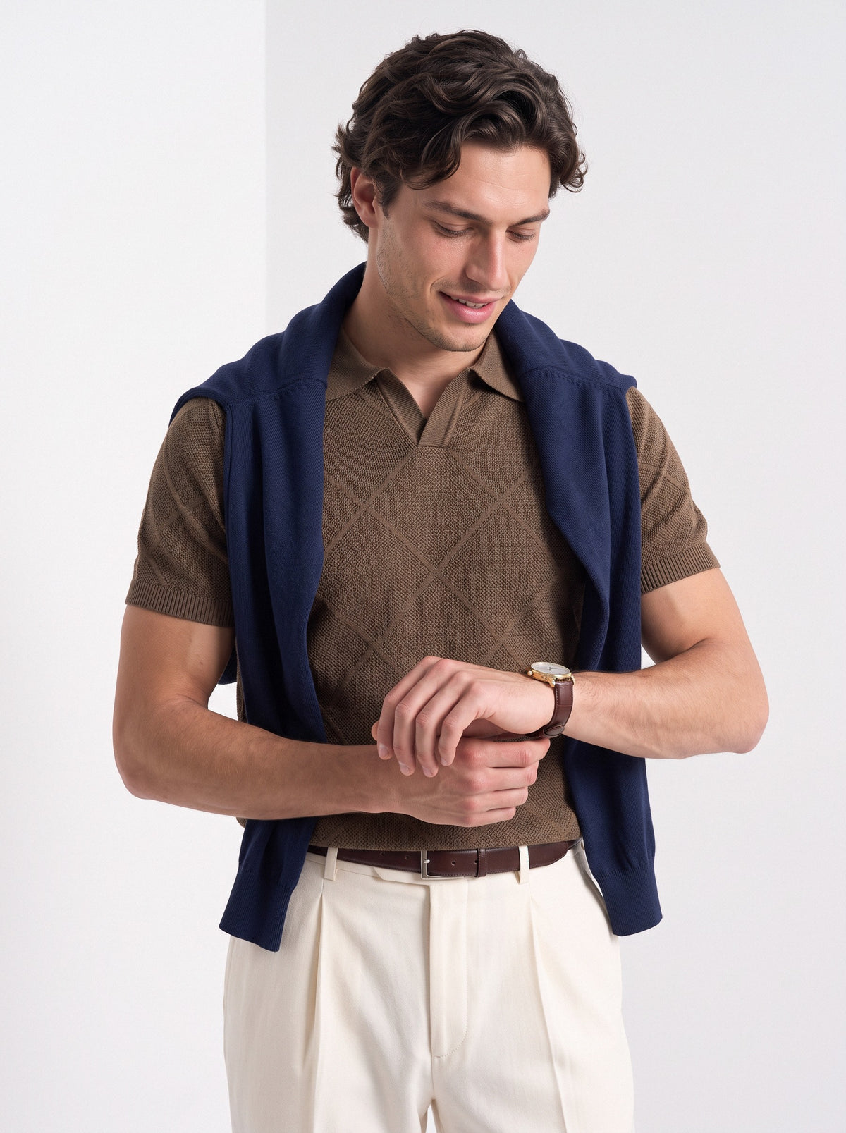 Men's cotton knitted polo shirt in brown, styled