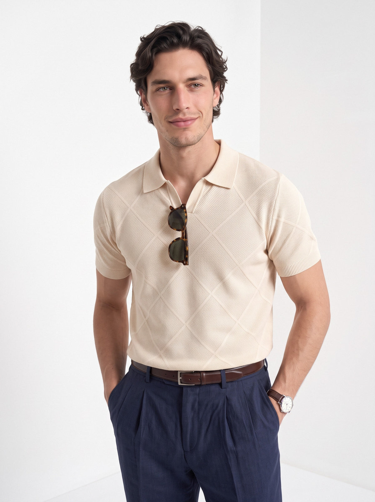 Men's cotton knitted polo shirt in cream, front portrait