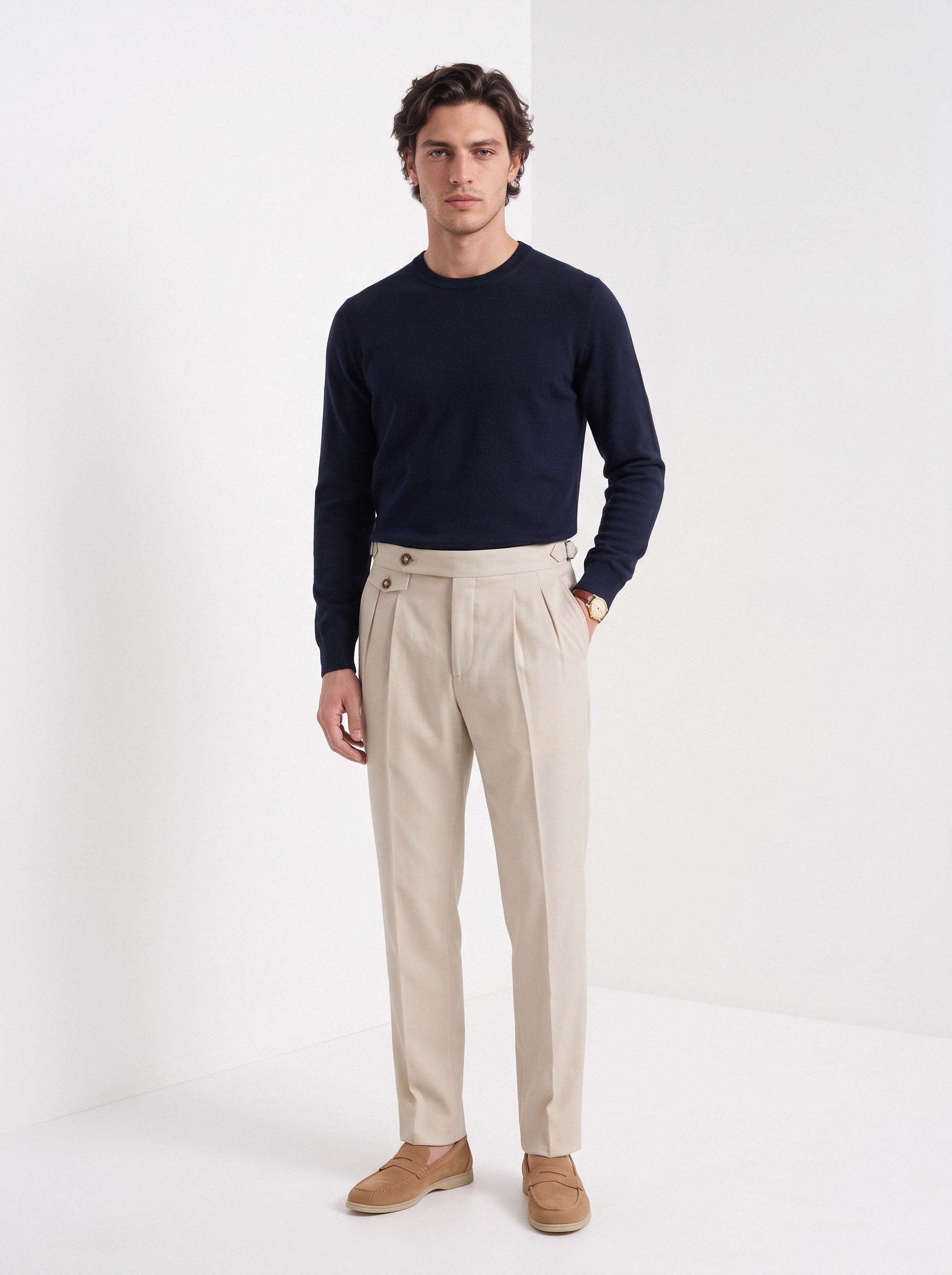 Men's high waisted trousers in beige, full-length
