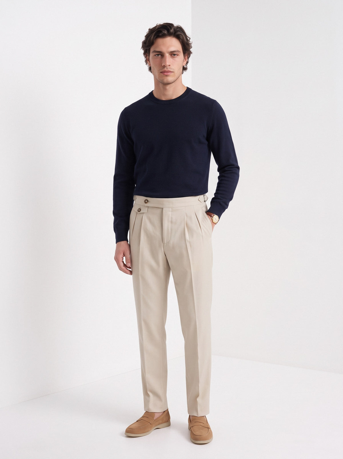 Men's high waisted trousers in beige, full-length