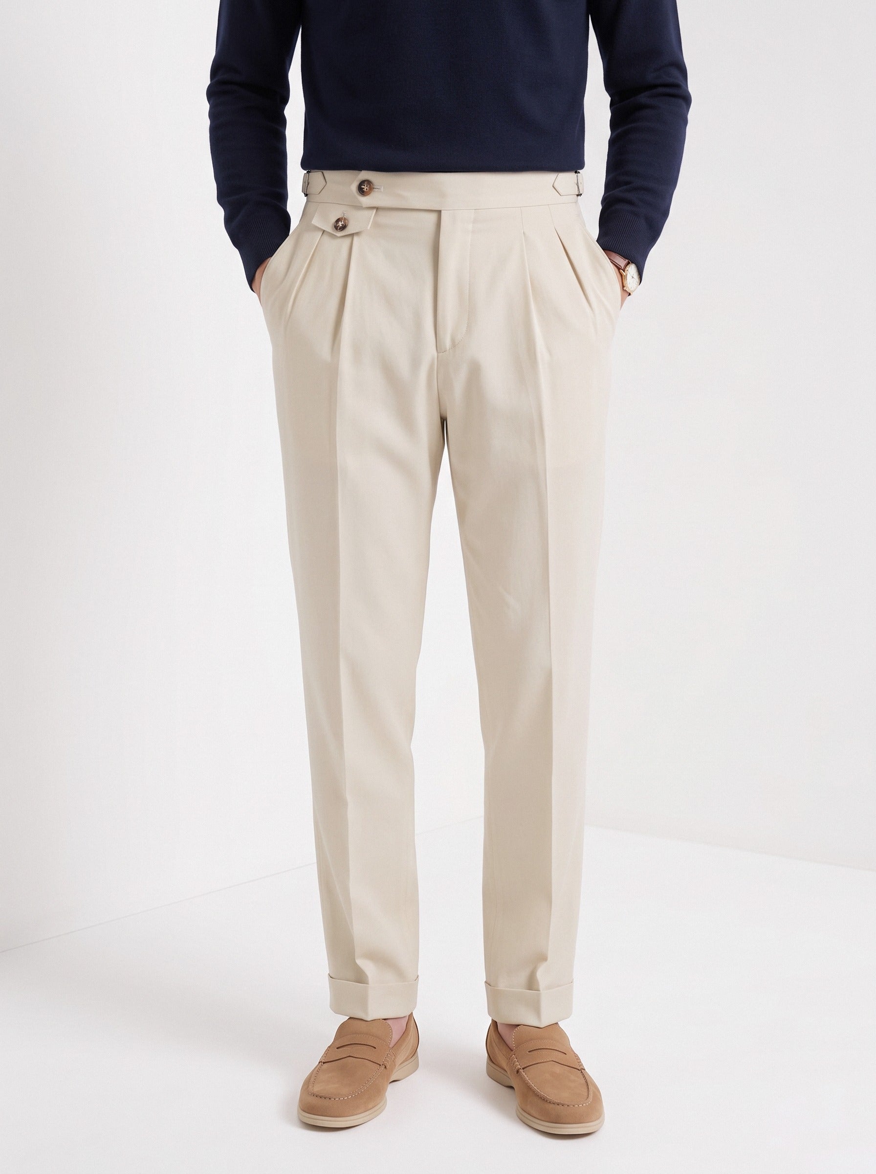 Men's high waisted trousers in beige, front portrait