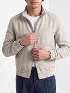 Men's linen blend zip jacket in stone, close-up detail
