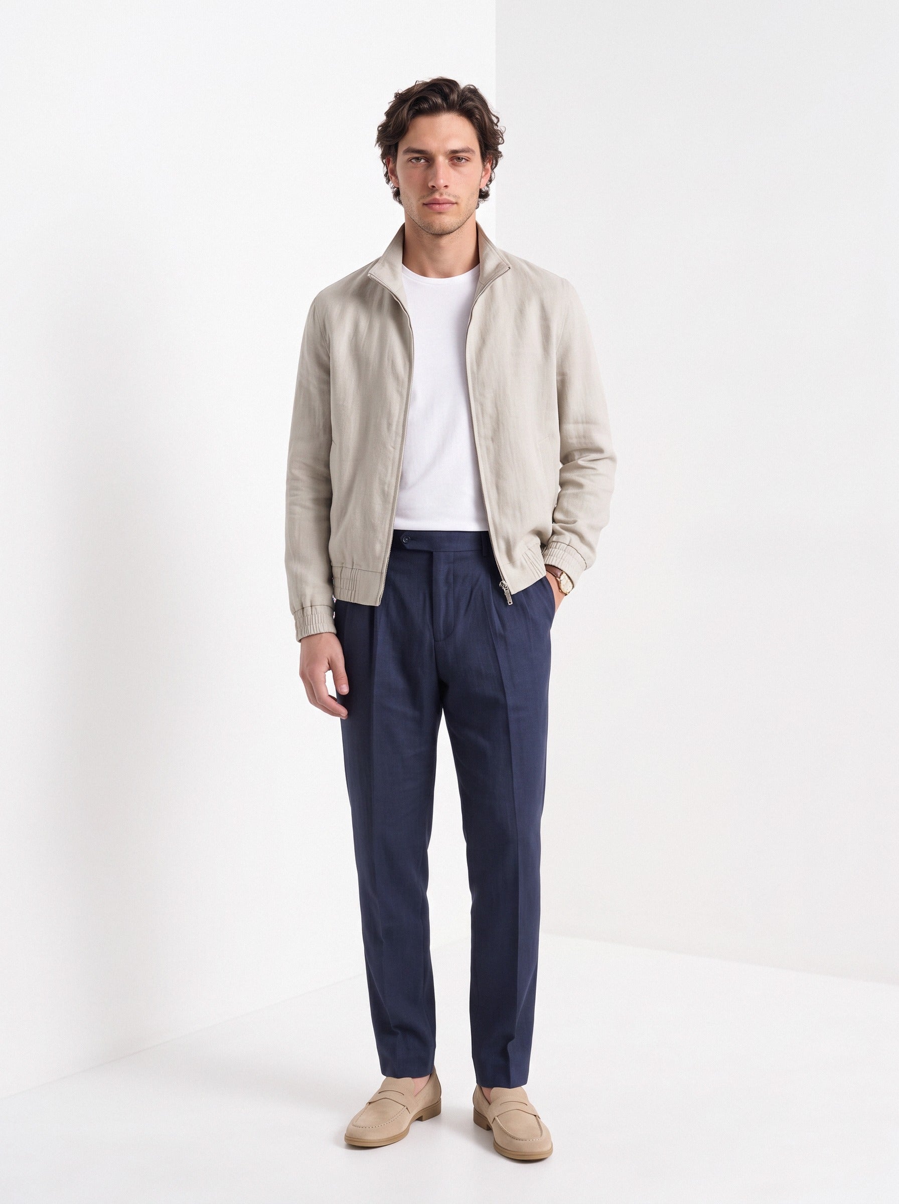 Men's linen blend zip jacket in stone, full-length