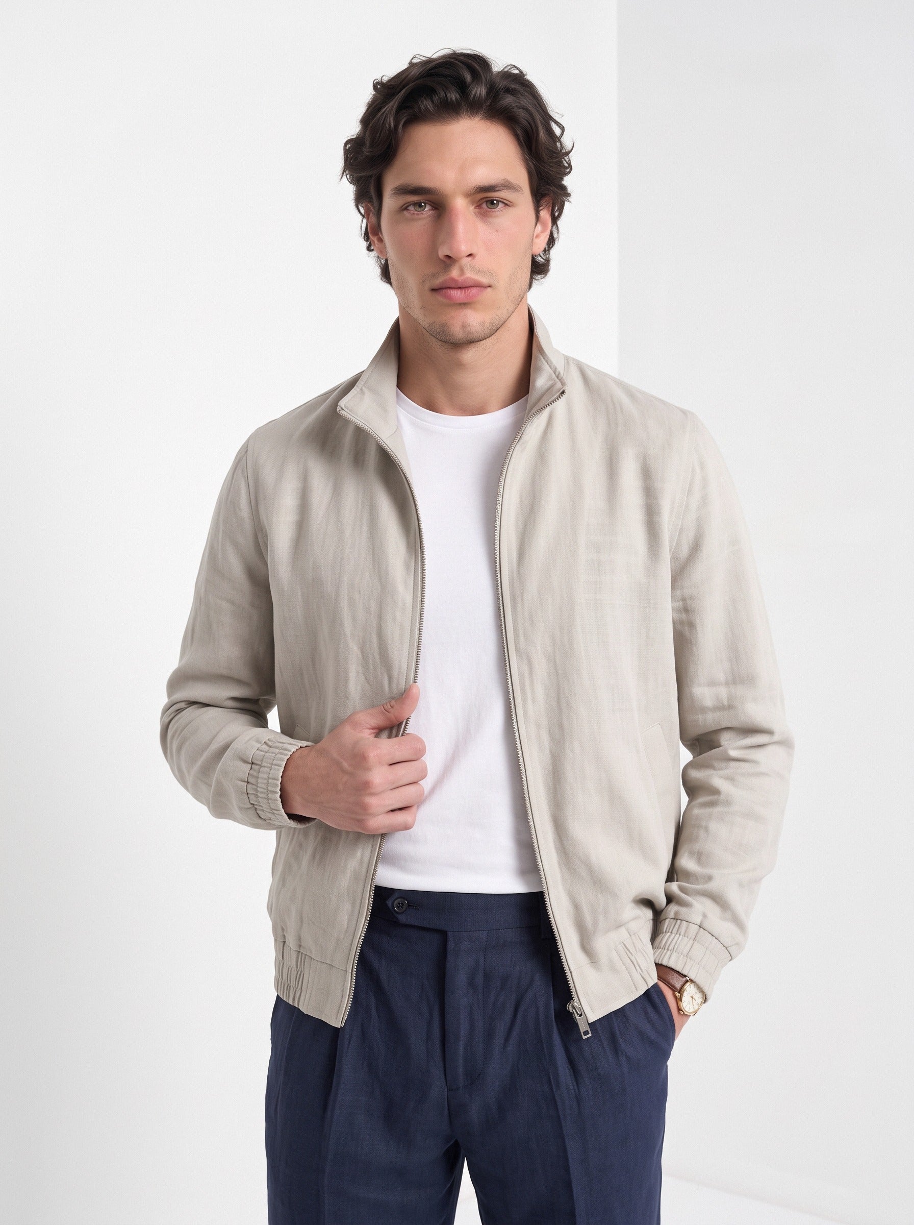 Men's linen blend zip jacket in stone, front portrait