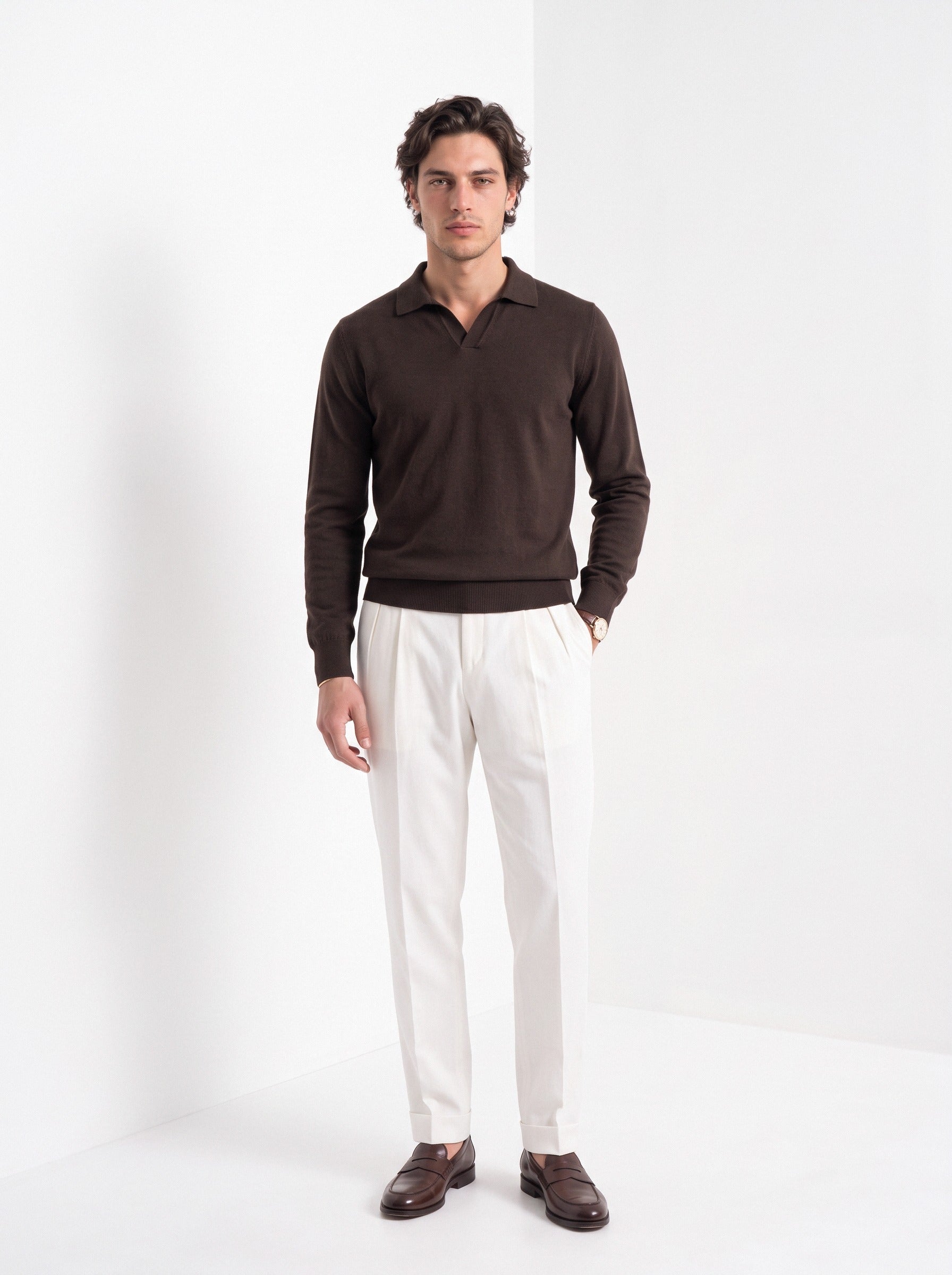 Men's cashmere long sleeve knitted polo in brown, full-length