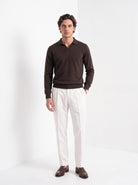 Men's cashmere long sleeve knitted polo in brown, full-length