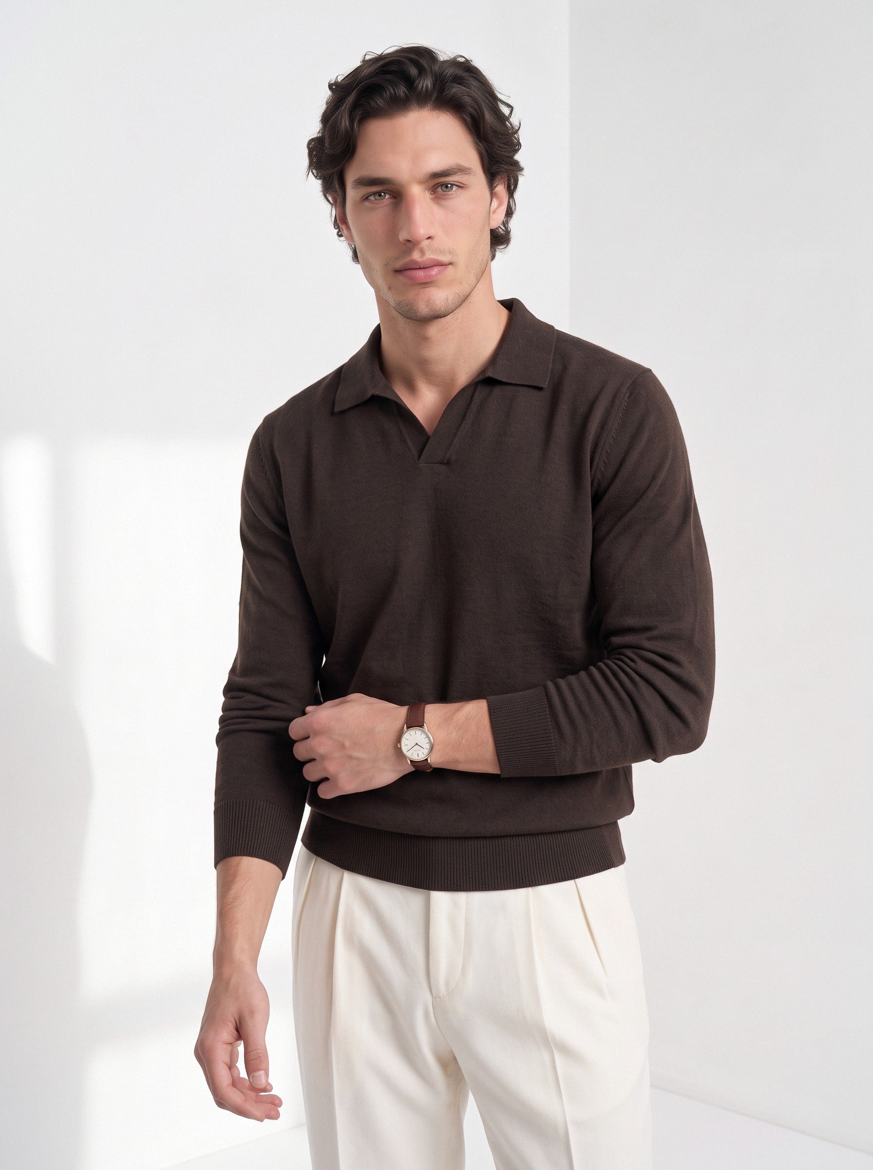 Men's cashmere long sleeve knitted polo in brown, front portrait