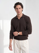 Men's cashmere long sleeve knitted polo in brown, front portrait