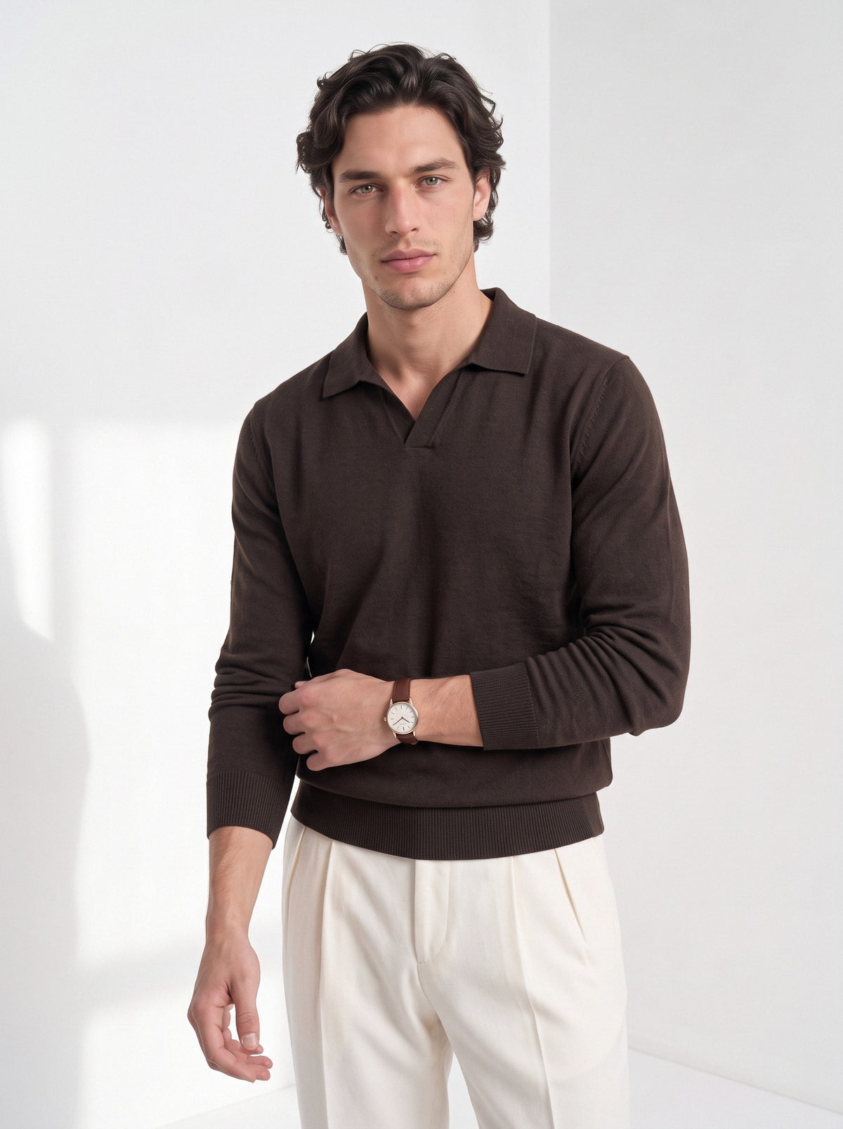 Men's cashmere long sleeve knitted polo in brown, front portrait