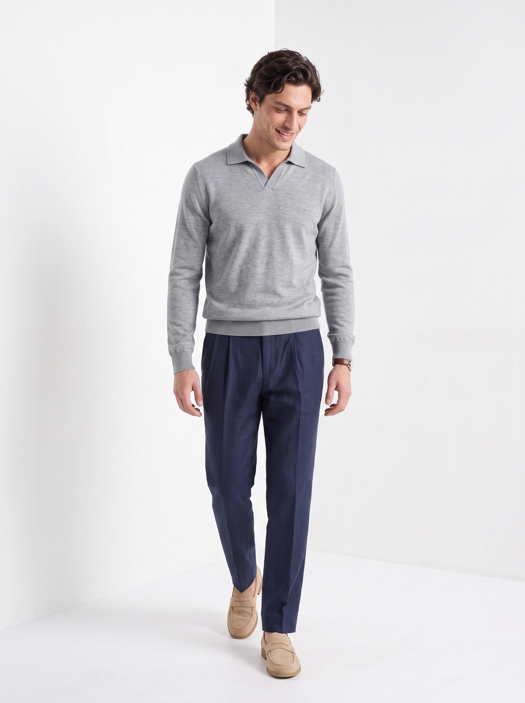 Men's cashmere long sleeve knitted polo in light grey, full-length