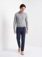 Men's cashmere long sleeve knitted polo in light grey, full-length