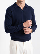 Men's cashmere long sleeve knitted polo in navy, close-up detail