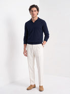 Men's cashmere long sleeve knitted polo in navy, full-length