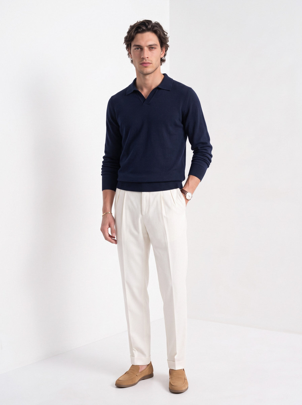 Men's cashmere long sleeve knitted polo in navy, full-length