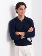 Men's cashmere long sleeve knitted polo in navy, styled