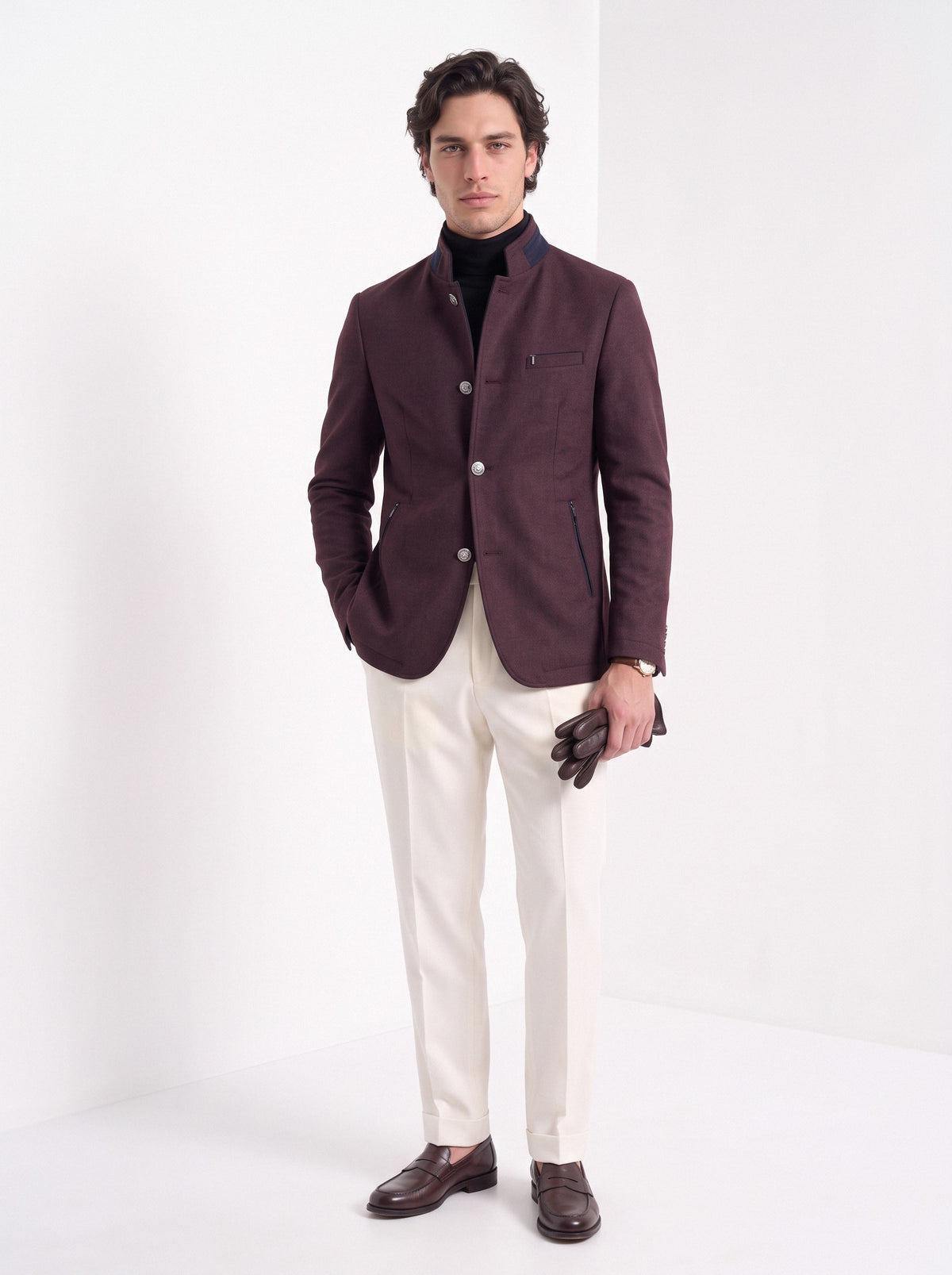 BLENIN men's mandarin collar wool blend jacket in burgundy, full-length look