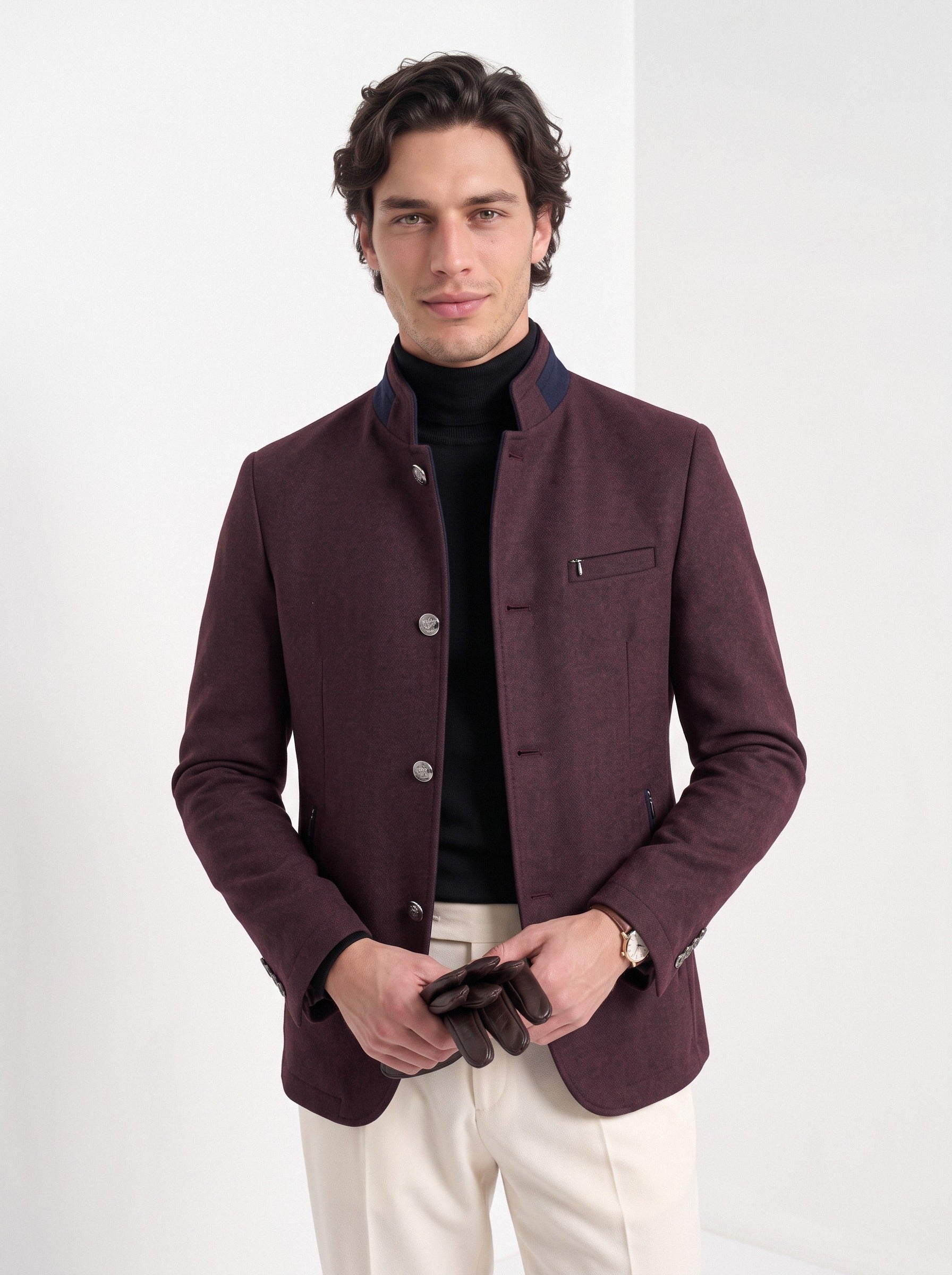 BLENIN men's mandarin collar wool blend jacket in burgundy, front portrait