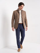 BLENIN men's mandarin collar wool blend jacket in camel, full outfit, walking