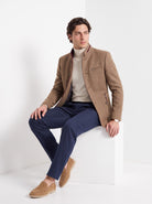 BLENIN men's mandarin collar wool blend jacket in camel, seated, full outfit