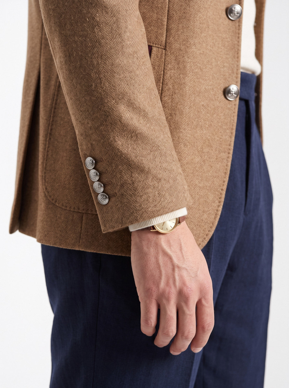BLENIN men's mandarin collar wool blend jacket in camel, sleeve and cuff close-up