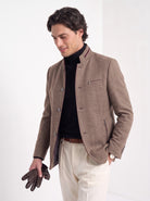 BLENIN men's mandarin collar wool blend jacket in camel, styled